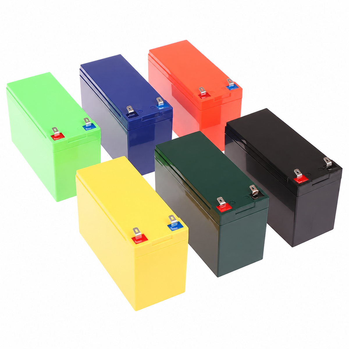 Empty 18650 battery cases in light green, blue, orange, yellow, dark green and black, with lids and terminals.