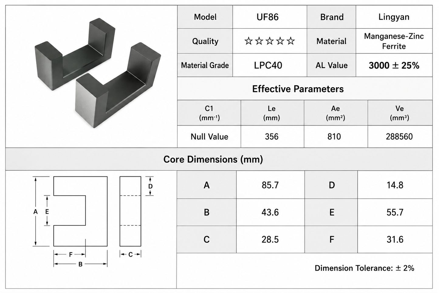 UF86A U-Shape Ferrite Core Set – MnZn PC40 High-Frequency Transformer Core, 1 Pair