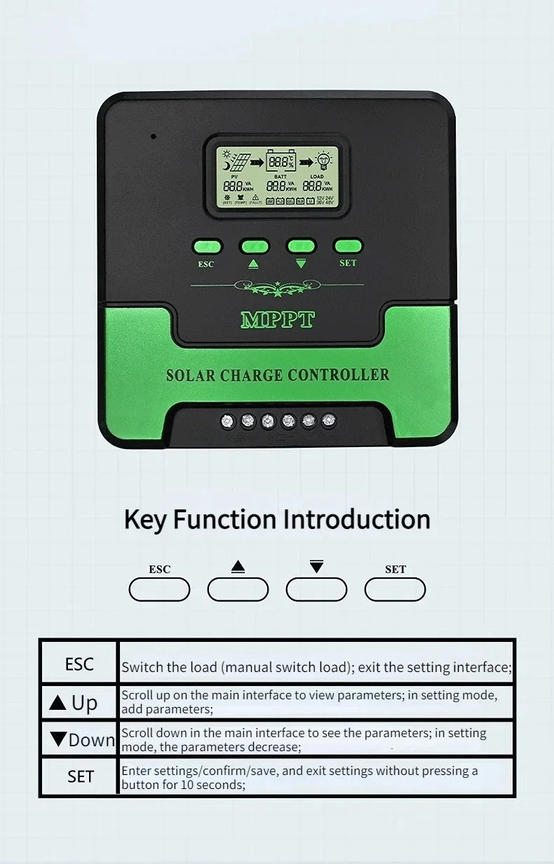 MPPT Solar Charge Controller 12V/24V Auto – 10A to 60A with LCD Display, WiFi Support & Dual USB Output
