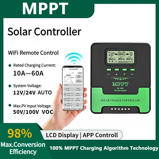 MPPT Solar Charge Controller 12V/24V Auto – 10A to 60A with LCD Display, WiFi Support & Dual USB Output