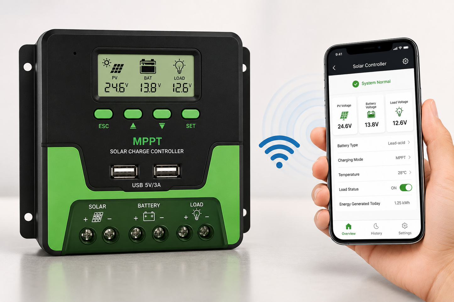 MPPT Solar Charge Controller 12V/24V Auto – 10A to 60A with LCD Display, WiFi Support & Dual USB Output